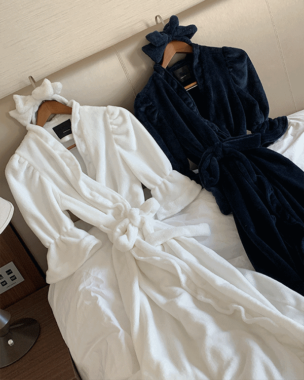 [도톰/보송][머리띠세트]로렌 극세사 프릴 로브 수면 원피스 가운 파자마잠옷 2color